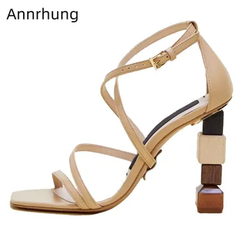 

Asymmetrical Building Blocks Heel Shoes Woman Sexy Narrow Band Open Toe Genuine Leather Cover Heels Strange Heel Sandals Women