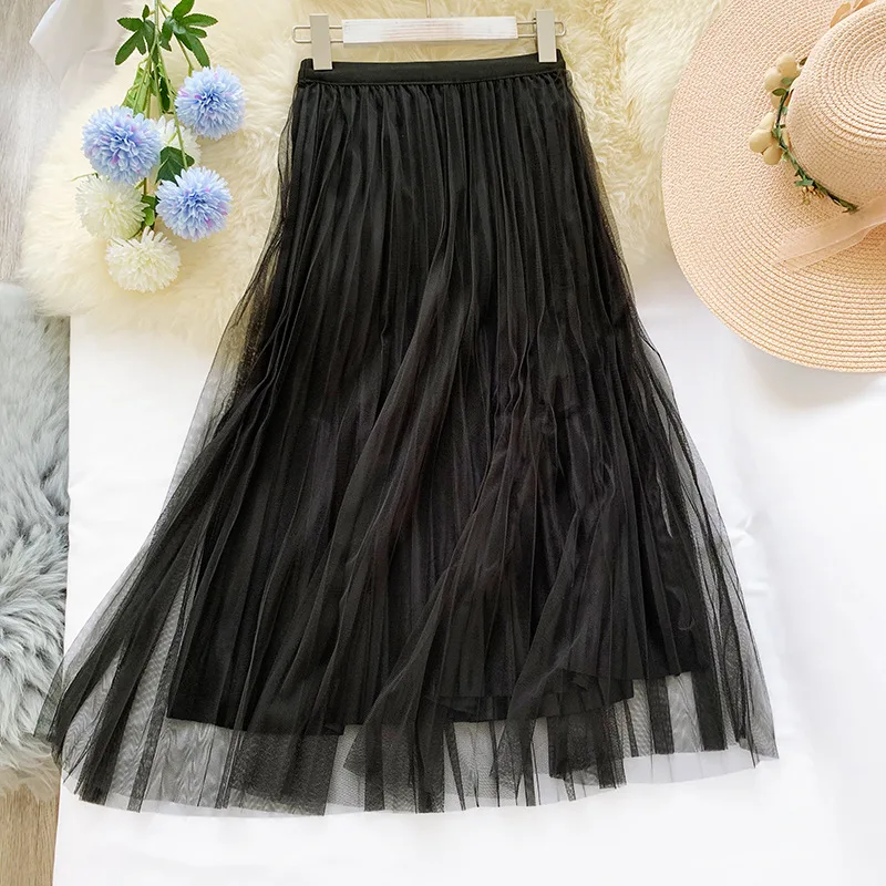 Wasteheart Winter Gray Women Skirt High Waist Beading Ankle Length Skirt Mesh Clothing All-match Empire Sweet Pleated Skirts