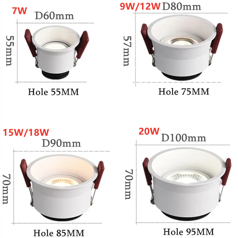 Recessed Anti-Glare LED Downlight AC110V-230V Dimmable COB Ceiling Lamp 7W9W12W15W18W20W Warm/Neutral/Cold White Spot Light