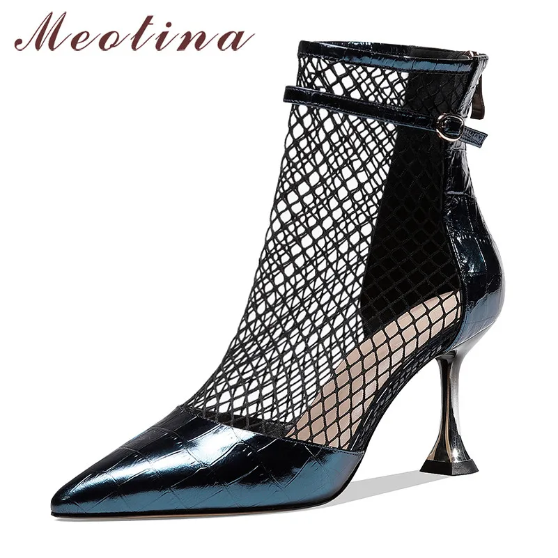 

Meotina Summer Ankle Boots Women Natural Genuine Leathet Buckle Thin High Heels Short Boots Mesh Cutout Zipper Shoes Lady 33-39