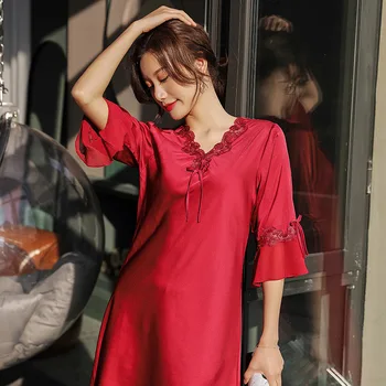 

Silky Nightdress Satin Kimono Robe Female Nightgown Sleepwear Lace Patchwork Intimate Lingerie Home Dressing Gown Nightwear