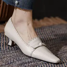 

Kitten Heels Women's Cow Leather Pointed Toe Pumps Party Shoes Square Toe Slip On Low Heel Evening Dating Wedding Shoes