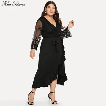 

Plus Size Summer Dress Women V Neck Sequied Long Sleeve Elegant Party Dresses Black Ruffles Irregular Maxi Long Dress