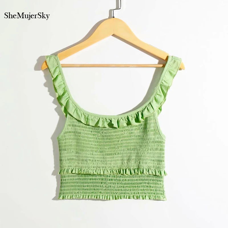 SheMujerSky женский зеленый укороченный топ, женские эластичные топы с оборками, сексуальные топы debardeur femme