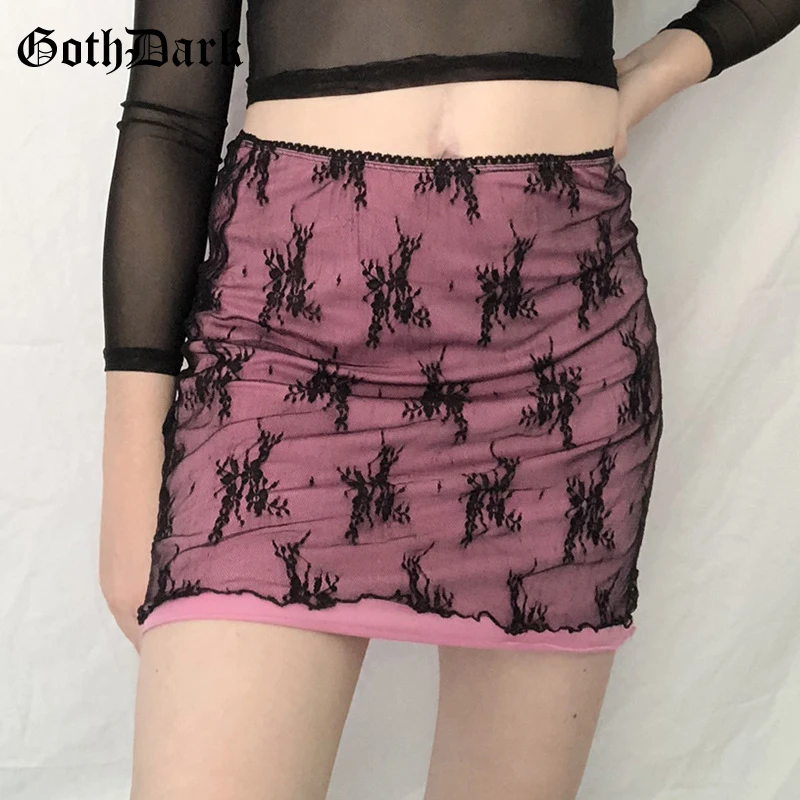

Goth Dark Vintage Gothic Floral Embroidery Mini Skirts E-Girl Sexy Mesh Patchwork Bodycon High Waist Pink A-Line Skirt Partywear