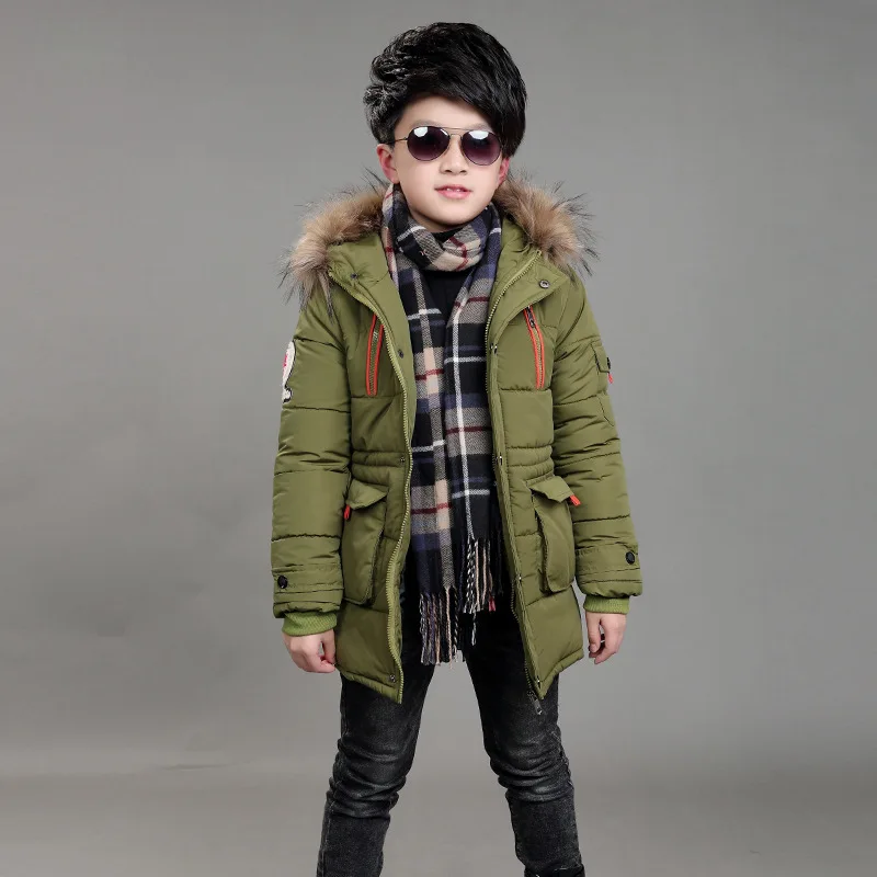Children's Double Zipper Jackets Boys Thickening Fur Collar Hooded Cotton Jacket Children Winter Outerwear Coats