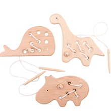 Planche à fileter en bois de hêtre pour enfants, jouets Puzzle, laçage, couture, bouton de dinosaure, blocs perlés pour assemblage d'enfilage