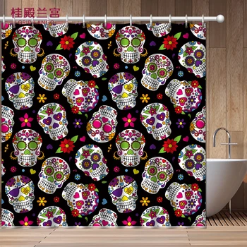 

GRIDILANGO Sugar Skull Shower Curtain Waterproof Fabric With 12 Hooks Pirate Heart Shaped Color Skull For Bathroom Home Decor