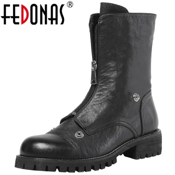 

FEDONAS Metal Rivets Leather Motorcycle Boots For Women Winter Newest Chunky Heels Shoes Woman Genuine Leather Ankle Boots