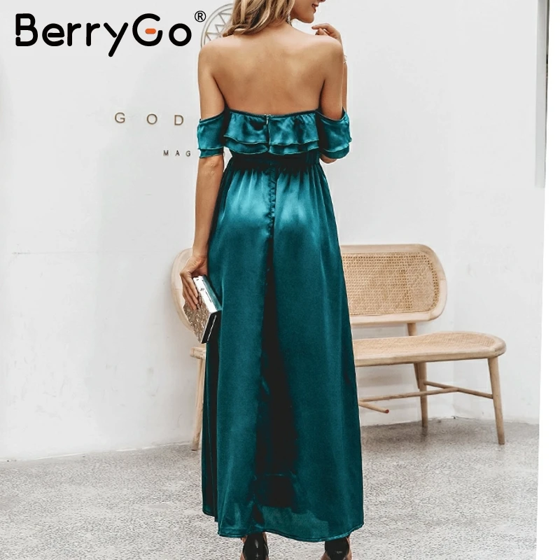 BerryGo элегантное женское длинное платье с высокой талией, сексуальное платье от плеча собранное в сборки, вечернее платье, офисное женское осеннее шикарное атласное платье