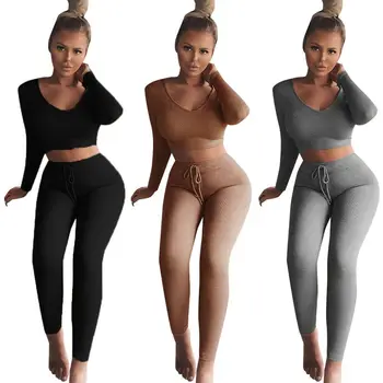

New 2 PCS Women's Set Lady Stylish Long Sleeve Sexy Deep V-Neck Crop Top High Waist Long Pants Clubwear Set Plus Size