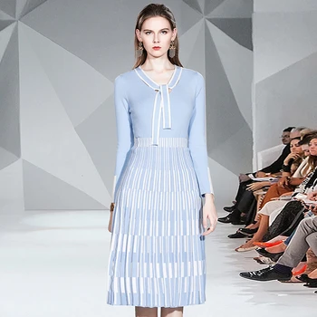 

Autumn Winter New Elegant 2 Piece Set Women OL Work Casual Long Sleeve Sweater Pullovers Tops + Knitted Pleated Long Skirt Set