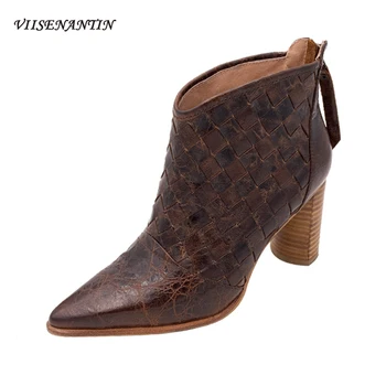 

Genuine Leather Woven Spike Mid-heel Autumn Short Tube Pointed Toe All-match Back Zipper Fashion Boots High Quality Shoes Women