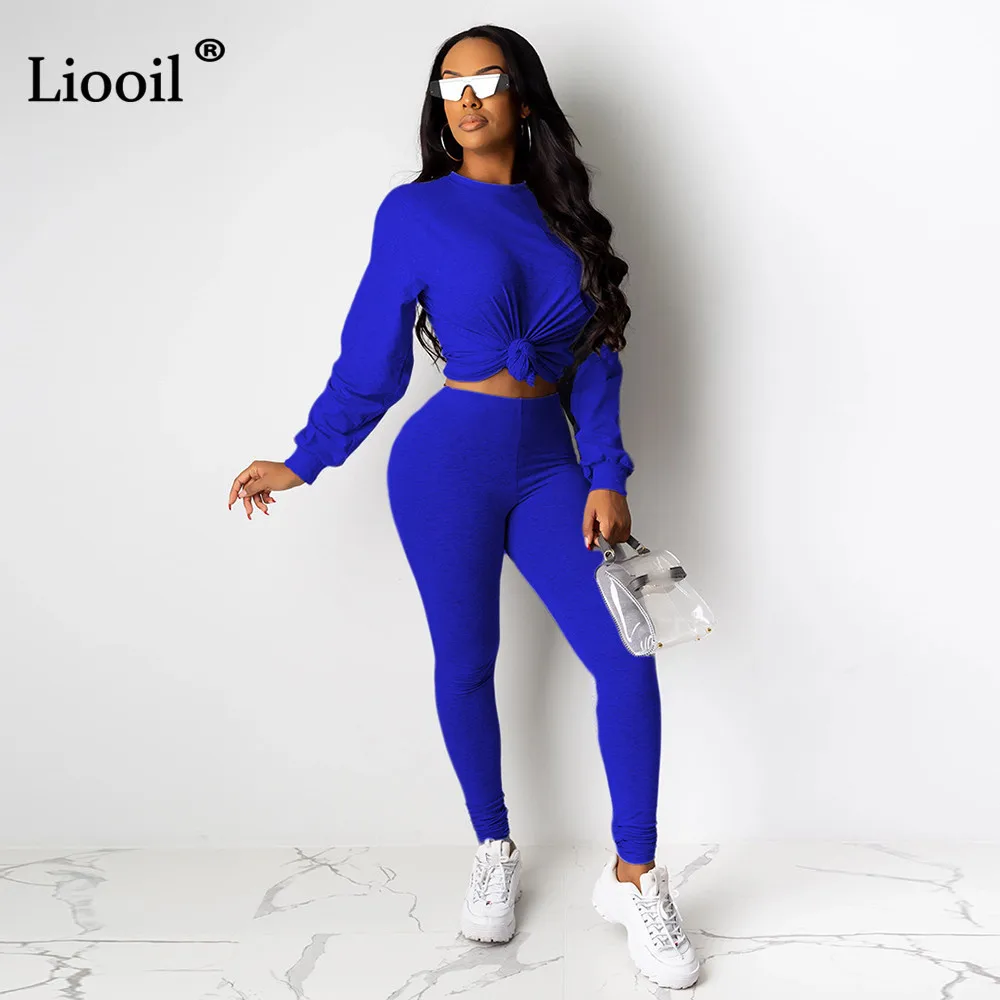 Синий Liooil, однотонный спортивный костюм, женский комплект из двух предметов, Осень-зима, свитер с круглым вырезом и длинными рукавами и брюки-карандаш, спортивные комплекты - Цвет: Синий