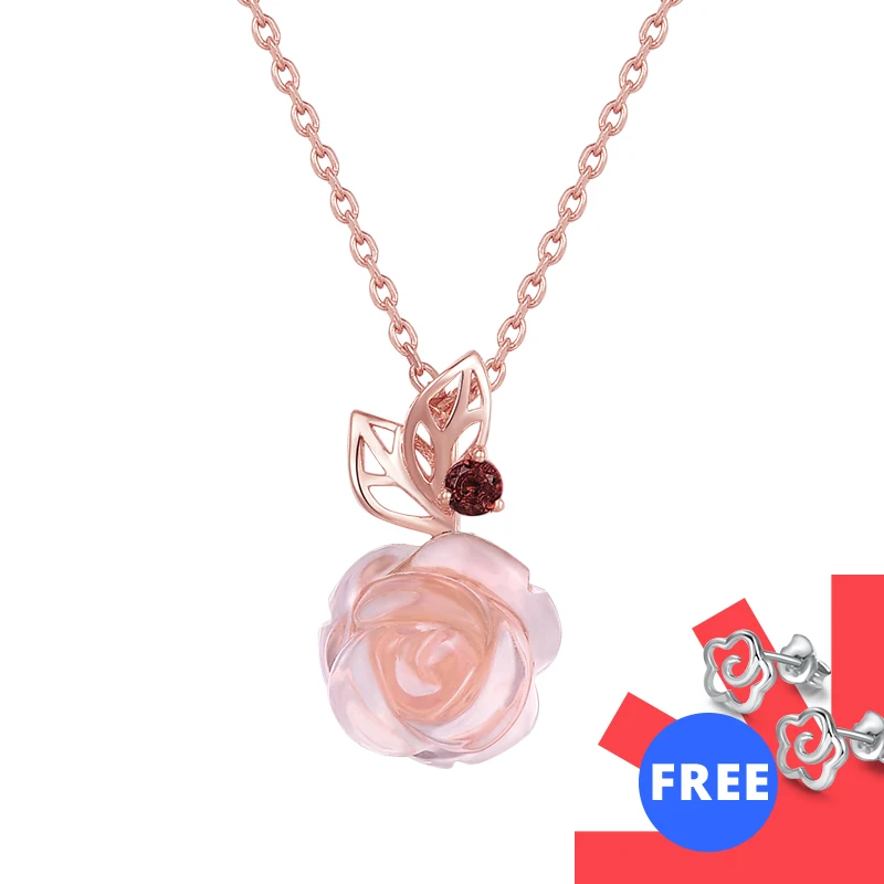 LAMOON Rose Flower 925 Sterling Silver Necklace Rose Quartz Gemstone Necklaces 18K Rose Gold Plated Fine Jewelry LMNI025