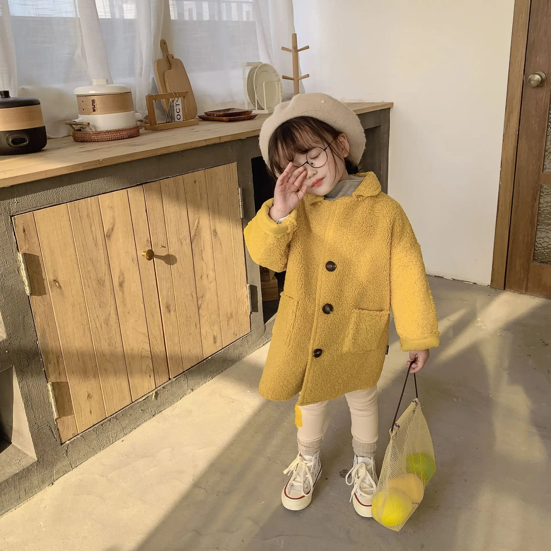 Winter fashion solid color berber Fleece long jackets for girls single-breasted casual coats 1-5Y