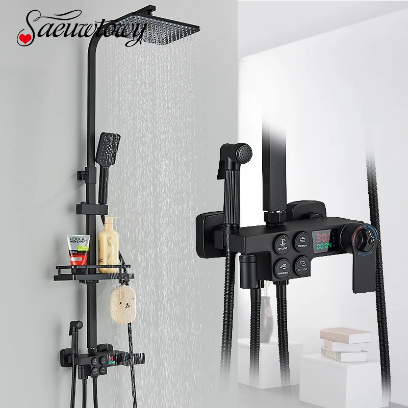 Description Picture 2 of itemMatte Black 4 Functions Display Screen Shower Faucet Bathroom Rotate Bath Tub Bidet Shower Push Button Rainfall Head Mixer Tap