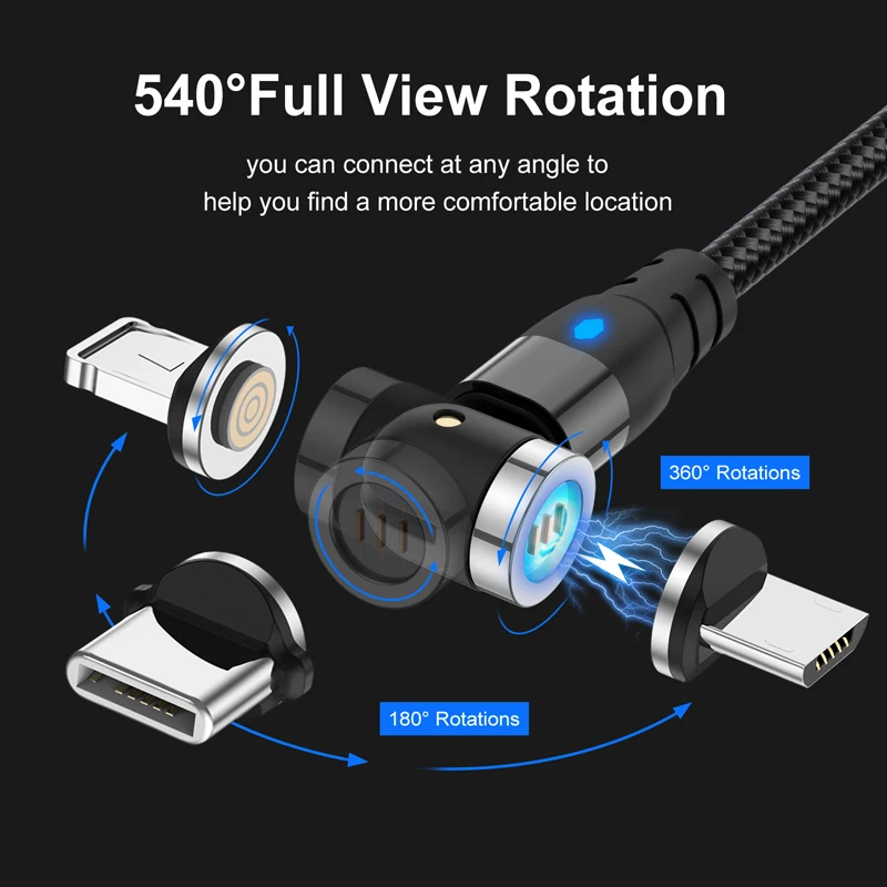 Oppselve 540 Memutar Kabel Pengisian Cepat Magnet Charger Micro USB Tipe C Cabo 3A Ponsel Kawat Kabel Untuk iPhone xiaomi