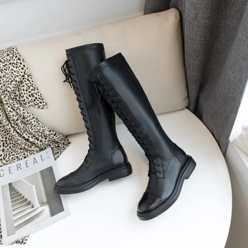 Prova Perfetto Winter Black Fashion Women Martin Knee-high Boots Cow Leather Flat Long Boots Women Hand-made Leather Boots