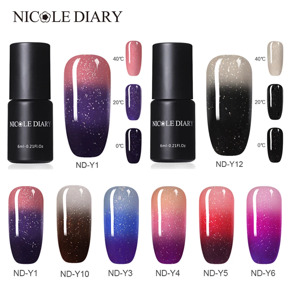 Термальный гель для ногтей NICOLE DIARY 6 мл с блестящими блестками меняющий