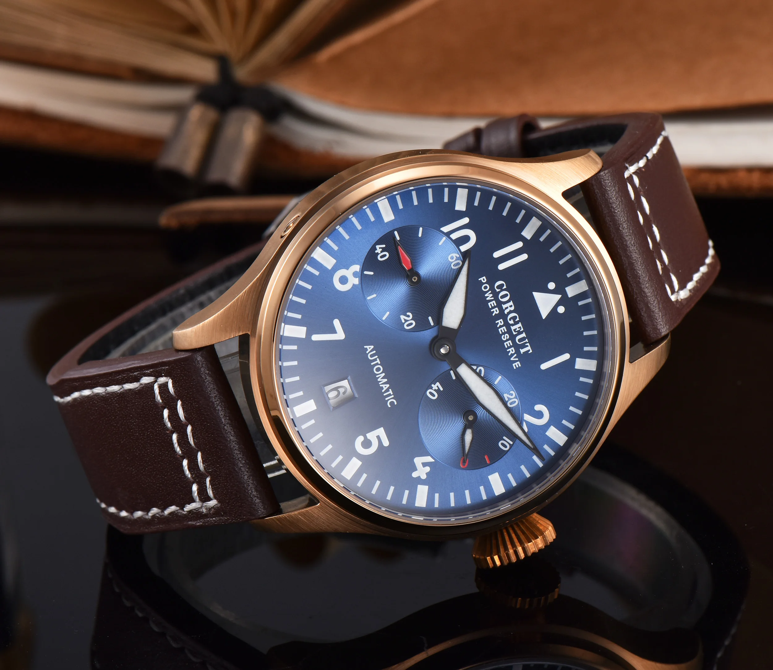 Роскошный бренд Corgeut42MM Автоматические Мужские механические наручные часы Ночная Дата синий циферблат кофе чехол 316L SS настоящий ремень мужские часы