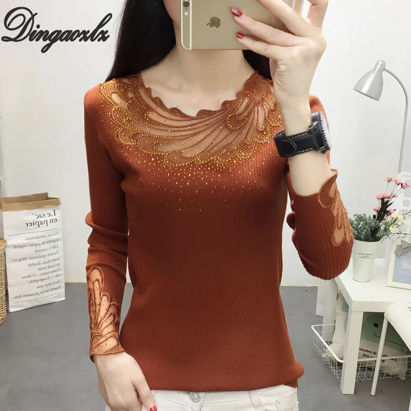 Dingaozlz New Korean Fashion Women Sweater Autumn Winter Pullovers Knitted shirt Patchwork Long sleeve Lace Tops | Женская одежда