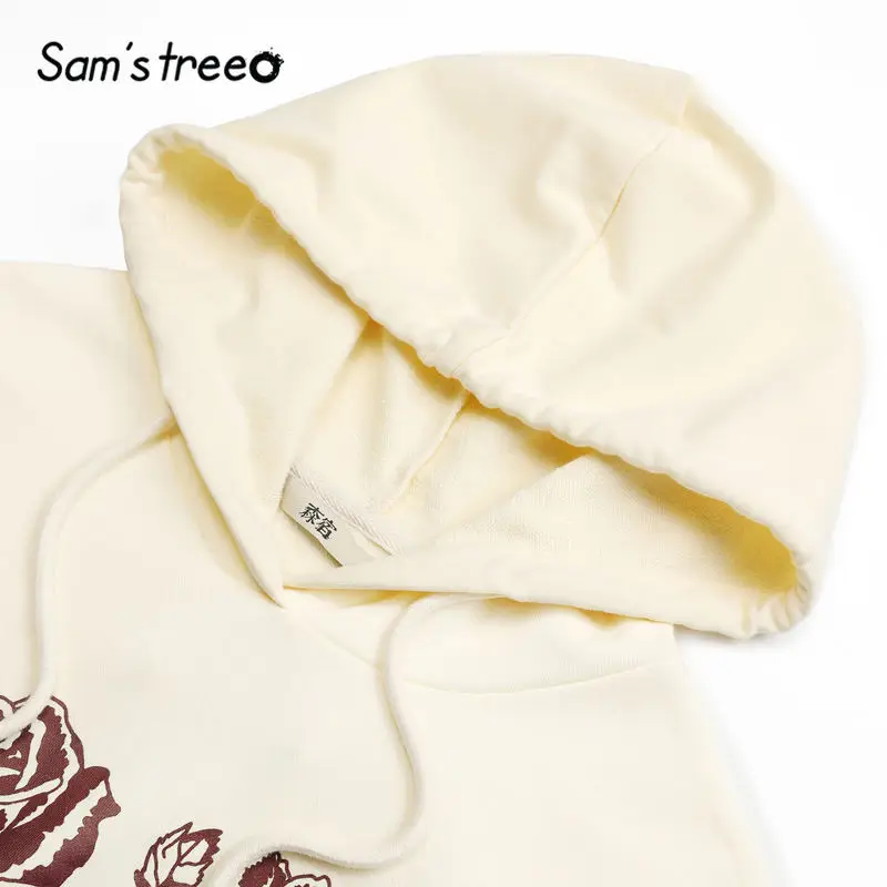 SAM'S TREE/белые толстовки с цветочным принтом, женские толстовки, Зимние новые свободные повседневные женские топы с длинным рукавом на завязках