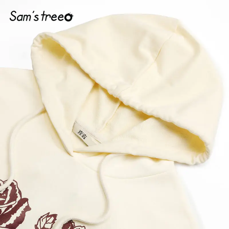  SAM'S TREE White Floral Print Hoodies Sweatshirts Women 2020 Winter New Letter Drawstring Loose Lon