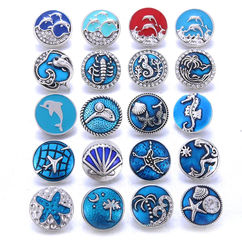 10pcs/lot Snap Button Jewelry Blue Ocean Series Crystal Dolphin Sea 18mm Metal Snap Jewelry Fit DIY Snap Bracelet Bangle Necklac