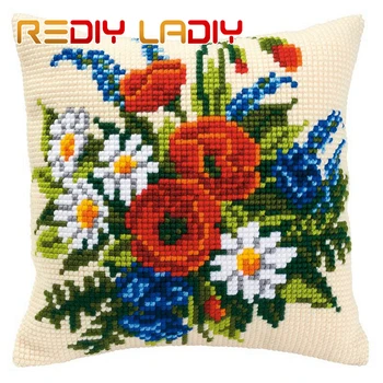 

Cross Stitch Cushion Poppy and Daisy Make Your Own Pillow Chunky Cross Stitch Kits Pre-Printed Canvas Acrylic Yarn Pillow Case