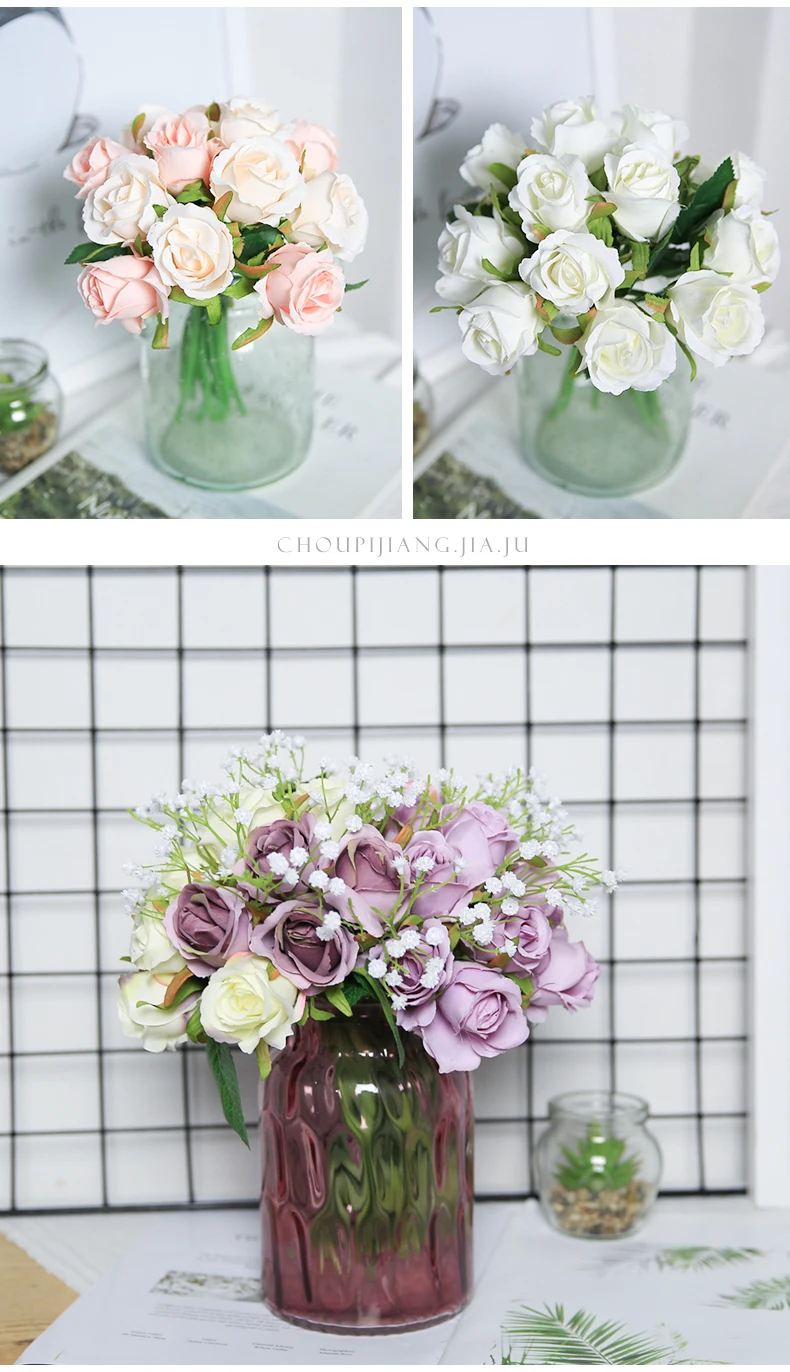 JAROWN 12 Heads Rose Artificial Rose Bouquets Simulation Silk Fake Flowers Wedding Decoration Holding Flowers Home Decor Flores (7)