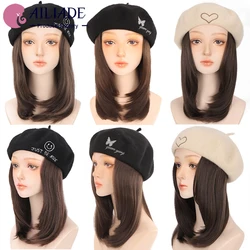 AILIADE Short Straight Synthetic Wig With Hat Autumn Winter Berets Hat Wig Natural Brown Black Wigs for Woman Girl