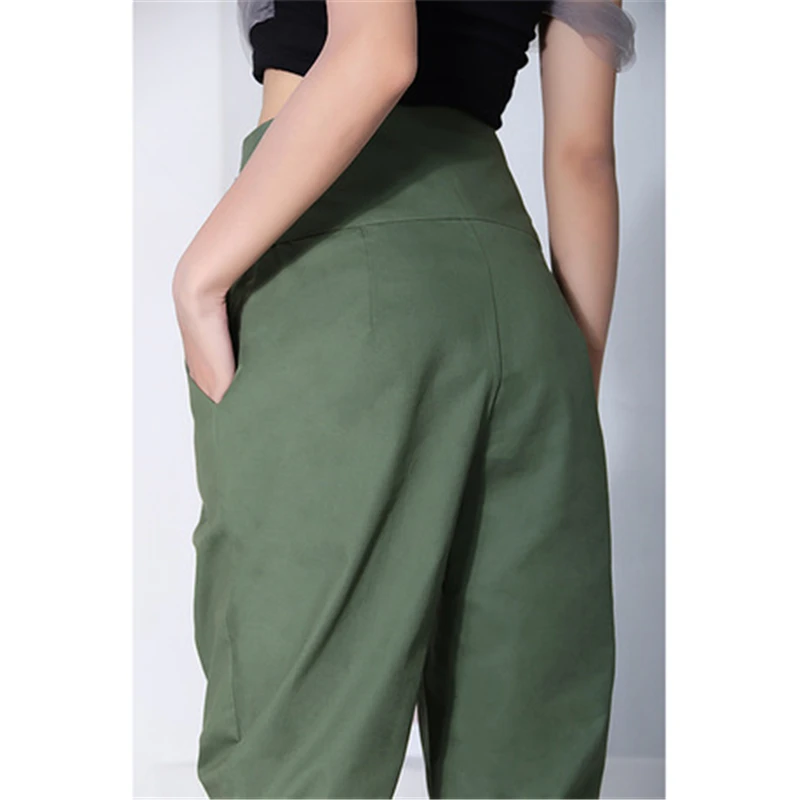

European Autumn New Women Army Green High Waist Tight Side Button with Pockets Long Loose Cargo Pants Fashion Streetwear