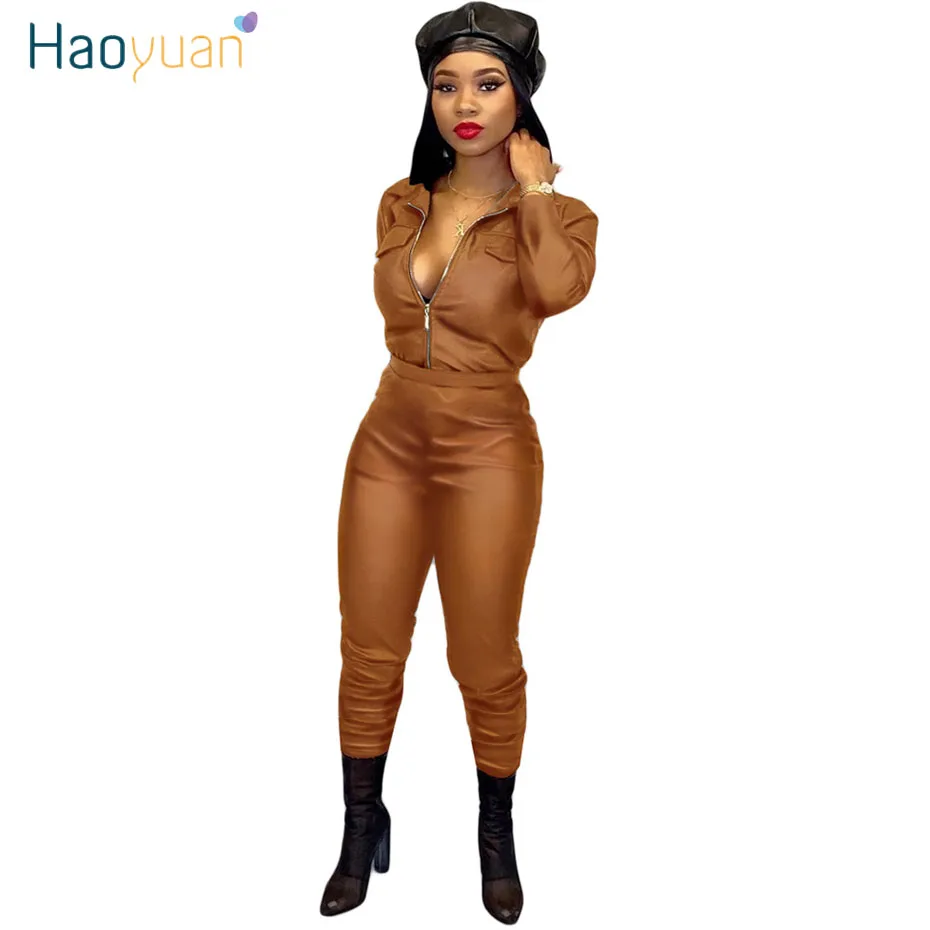 HAOYUAN из искусственной кожи, комплект из 2 предметов, женская одежда, куртка с длинным рукавом, топ и штаны, осенние зимние наряды, комплект из двух предметов
