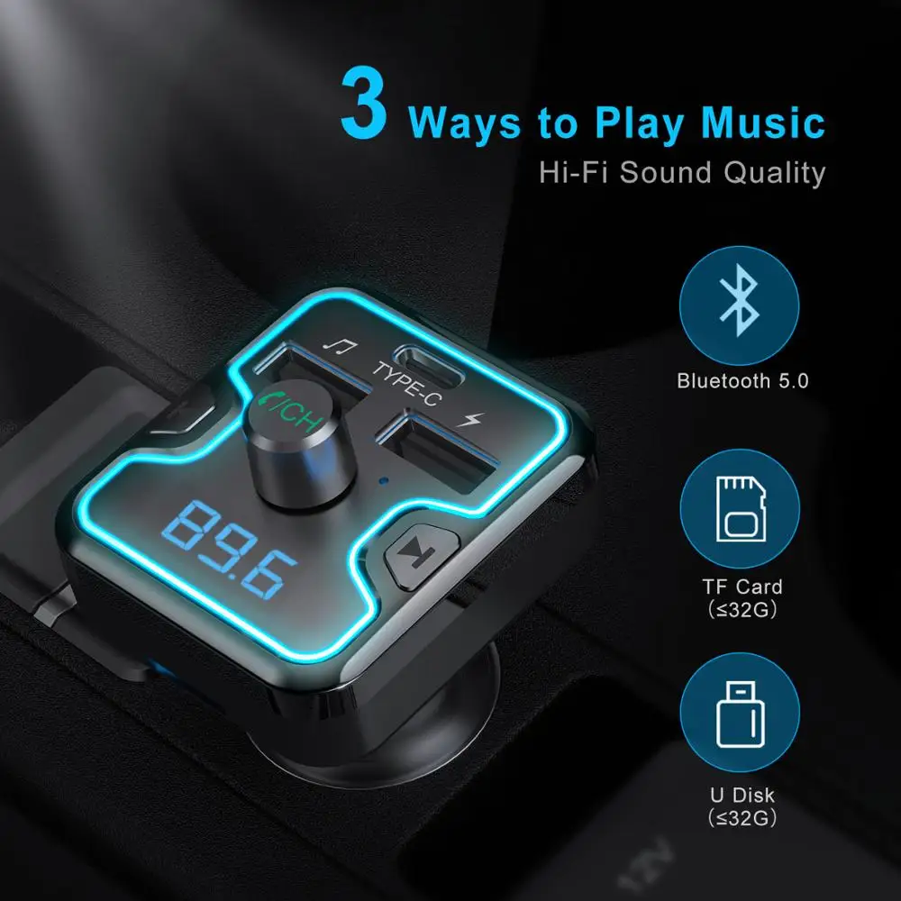 TeckNet Bluetooth 5,0, fm-передатчик, 5 В/а, двойной USB, автомобильное зарядное устройство, беспроводная гарнитура, аудио приемник, Авто mp3-плеер, USB зарядное устройство