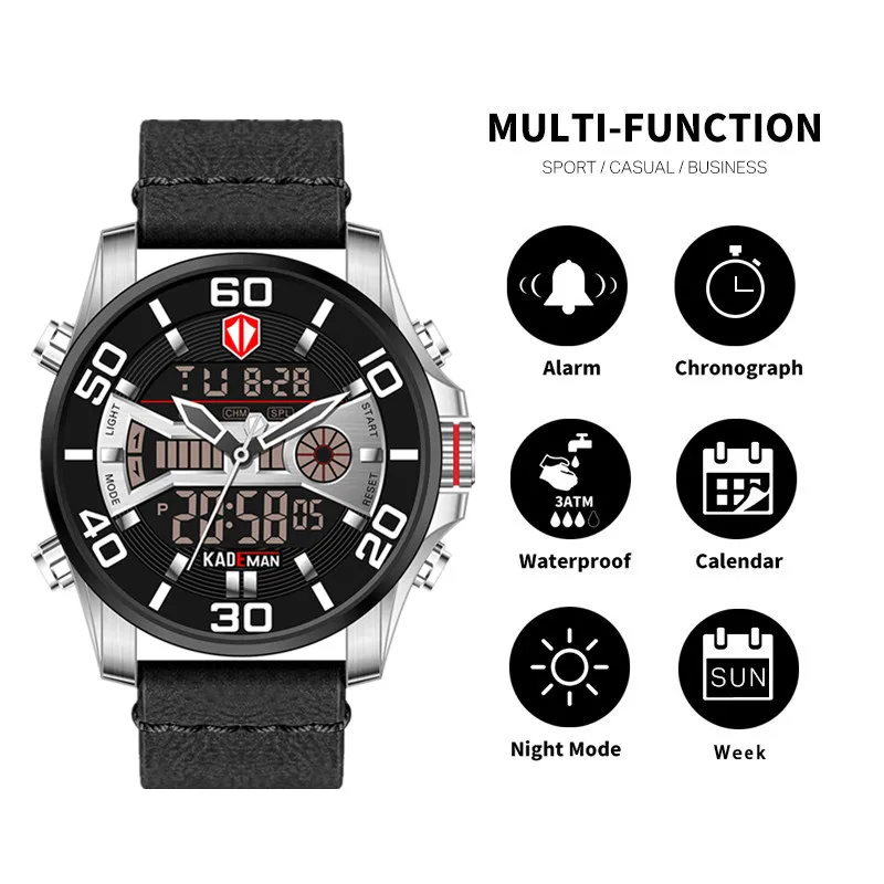 Skup Oryginalny zegarek męski KADEMAN nowa seria Tech luksusowy sportowy zegarek 3ATM wyświetlacz LCD zegarek na co dzień zegarek ze skórzanym paskiem Relogio Masculino
