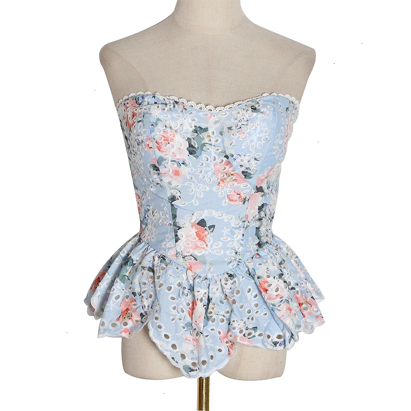 TWOTWINSTYLE Summer Lace Patchwork Women Blouse Off Shoulder Sleeveless Tunic Irregular Hem Print Shirt Female Fashion