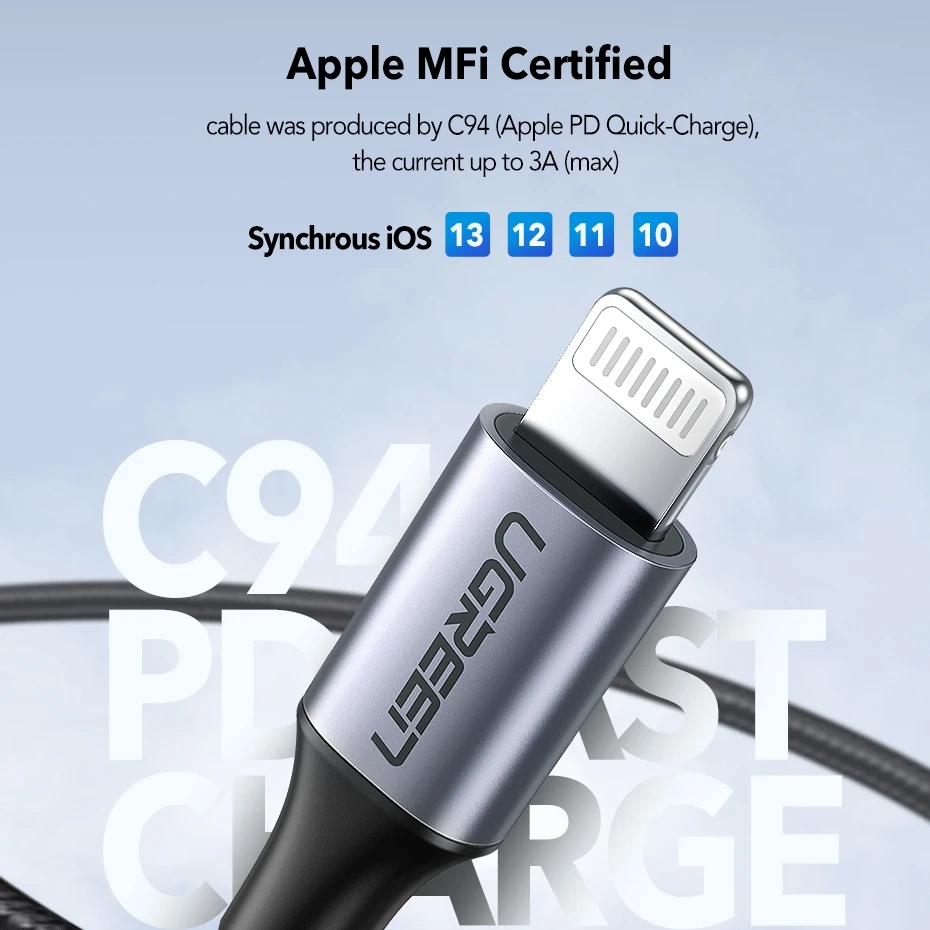 Ugreen MFI usb type c-Lightning Кабель для iPhone 11 pro xs max xr 8 7 6s plus 5 ipad зарядное устройство pd Быстрая зарядка короткий 25 см 0,3 м