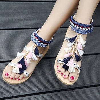

Beach Sandals Women Summer Shoes Flip Flops Ankle Strap Flat Sandals Fringe Chain Ladies Shoes Open Clip Toed Gladiator Shoes