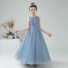Tulle Dusty Blue Flower Girl Dresses For Wedding and Party Girls Sashes Bow Long Formal Princess Gown 2021