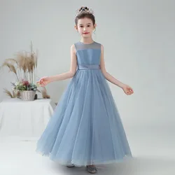 Tulle Dusty Blue Flower Girl Dresses For Wedding and Party Girls Sashes Bow Long Formal Princess Gown 2021