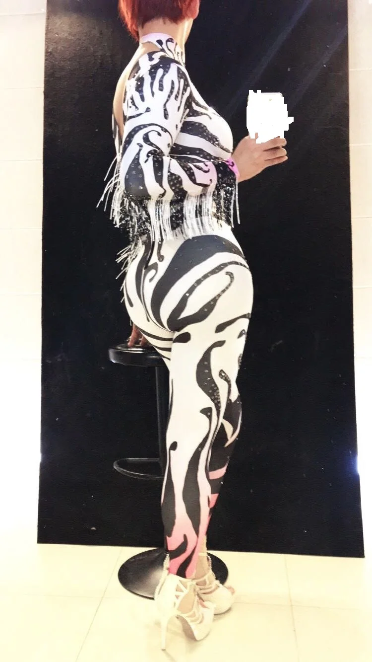Crystals Tassels Jumpsuit Women Singer Stage Costumes Zebra Stripe Cosplay Costumes Skinny Bodysuit DJ Dance Stage Outfits