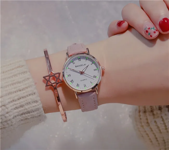 Вишневые розовые простые часы Reloj Mujer Круглые Женские часы из искусственной кожи аналоговые из сплава часы Relogio Feminino для девушек Подарок