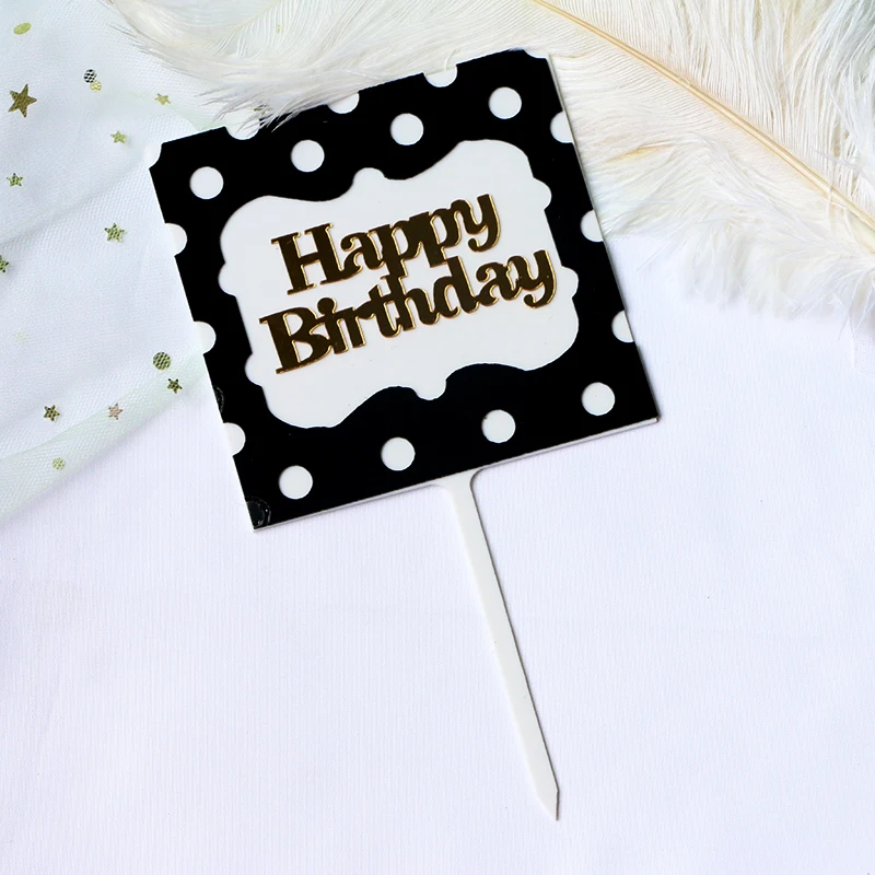 Birthday Party Decoration Square Shape Dot Pattern Happy Birthday Cake Topper Acrylic Cupcake Top Flag For Wedding Party Decor