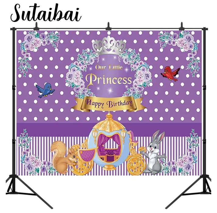 Royal Princess Happy Birthday Sfondo Fiori Viola Floral Cake Table Banner Neonate Fairy Party Decoration Photo Booth