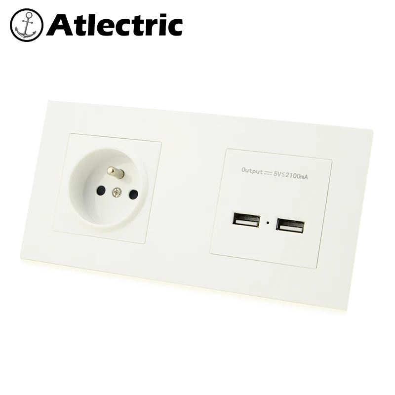 

Atlectric FR Standard Plug Dual USB Charging Port Coaxial Jack Power Wall Electrical Outlet Plastic Panel