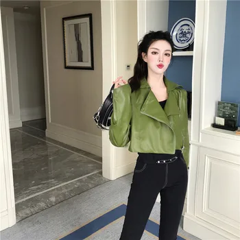

FMFSSOM Spring Autumn Women Motorcycle Jacket Female Turndown Collar Long Sleeve Pu Leather Jacket Ladys Black Green Jacket