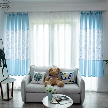 

XinHuaEase Floral Short Curtain For Kitchen Curtains Blue Rustic Flower Living Room Modern Bedroom Windows Screening Drapes Door