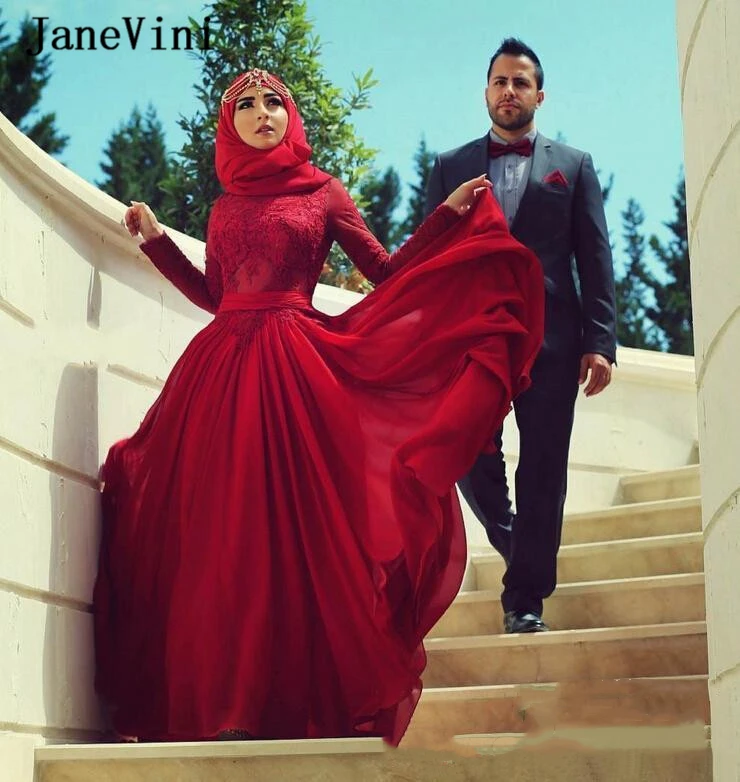 

JaneVini 2020 Elegant Red Lace Muslim Plus Size Prom Dresses with Sleeves A Line Floor Length Saudi Arabia Chiffon Formal Gowns