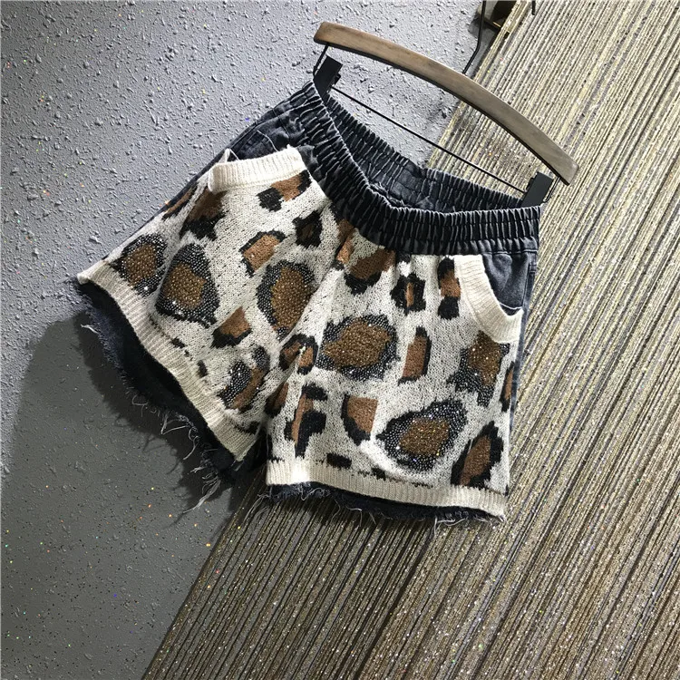 Для женщин осень мешковатые брюки для девочек с леопардовым принтом джинсовые шорты с эластичной талией трикотажные джинсы в стиле пэчворк Шорты женская мода, Блестки Блестящие широкие Шорты
